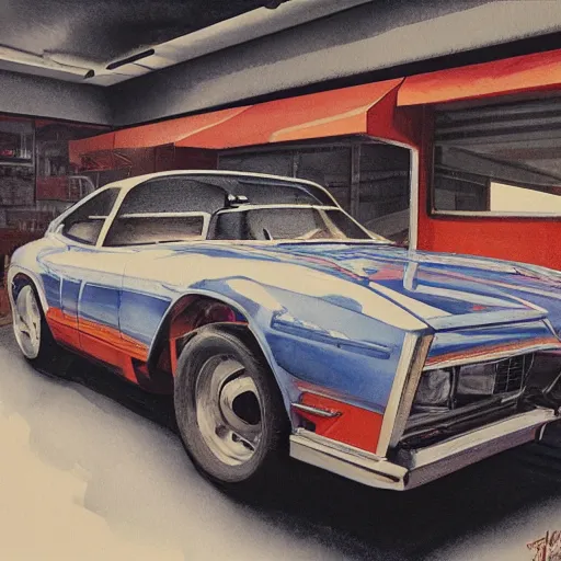 Image similar to detailed details photorealistic pictures of car garage in the style of bob peak and alex ross, gouache and wash paints color, detailed details facial and body and human and environments and proportionate, detailed 5 k details.