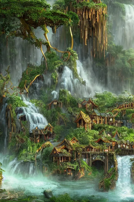 Image similar to wooden elven City with golden roofs, on top of a WATERFALL in the fall, gnarly trees, lush vegetation, forrest, a small stream runs beneath the waterfall, landscape, raphael lacoste, eddie mendoza, alex ross, john howe, concept art, matte painting, highly detailed, rule of thirds, dynamic lighting, cinematic, detailed, denoised, centerd