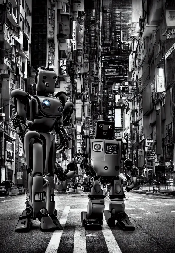 Image similar to a sad photograph two evil robots point each other, large shot, wide shot, in a street, cyberpunk photo,