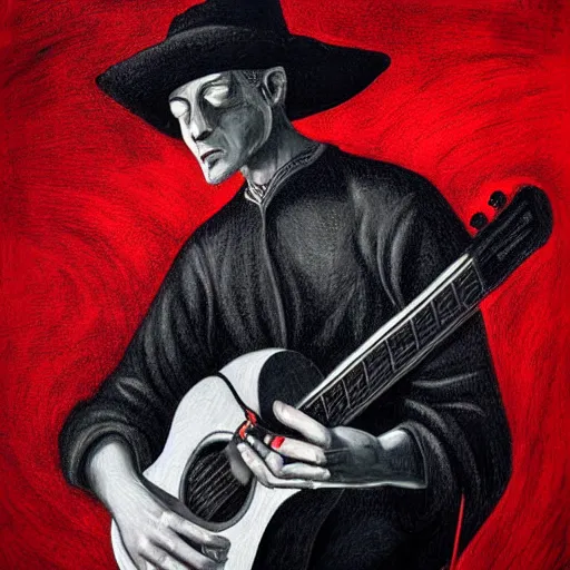 Prompt: black white red realistic painting on black paper, folkloric illustration , the old guitar player , tarot by Andreas Rocha