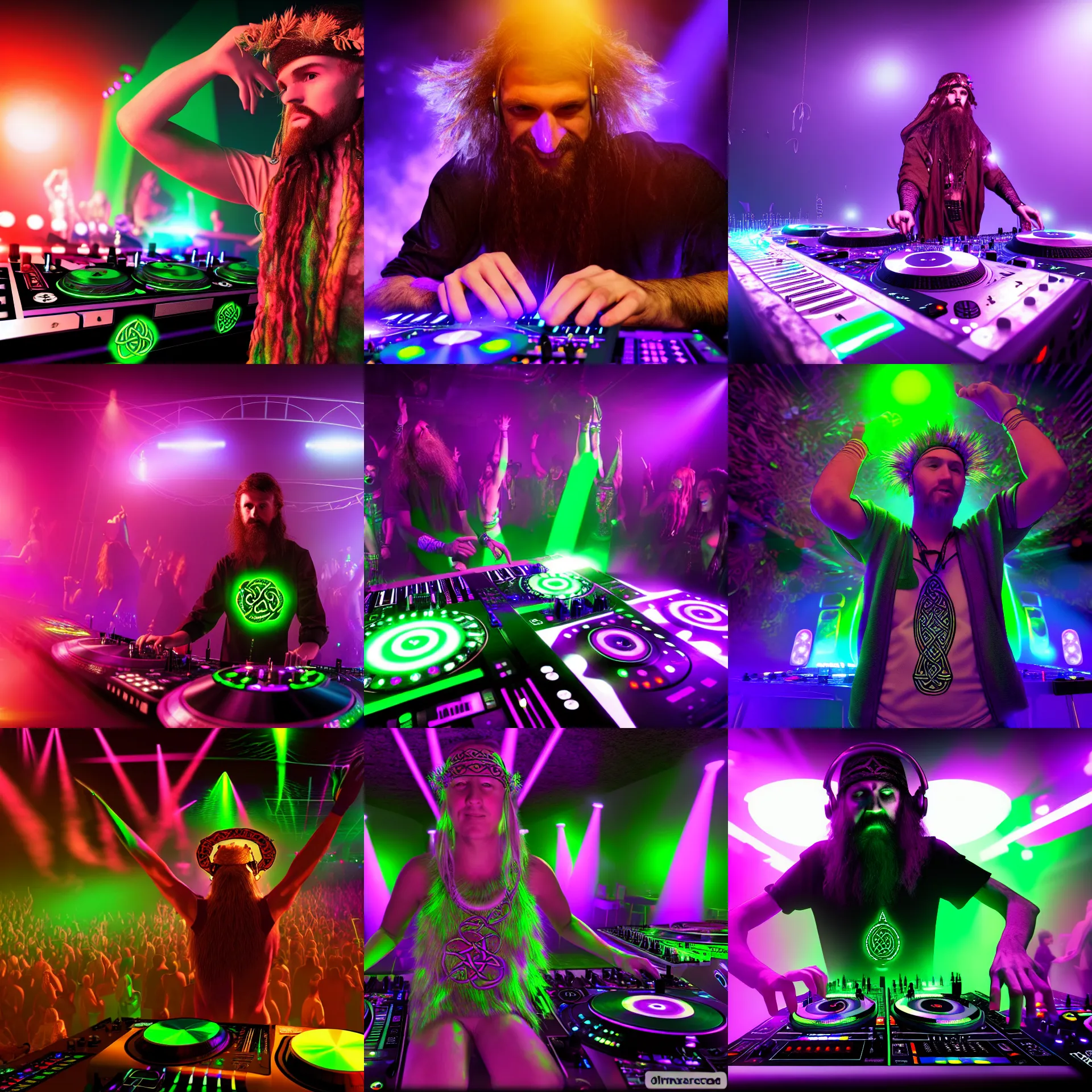 Prompt: celtic druid as a dj on the rave party in club, wide shot, dynamic photography, realistic, highly detailed, 8 k