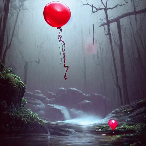 Image similar to grunge painting of a waterfall with a wide smile and a red balloon by simon stålenhag, loony toons style, pennywise style, corpse bride style, creepy lighting, horror theme, detailed, elegant, intricate, conceptual, volumetric light