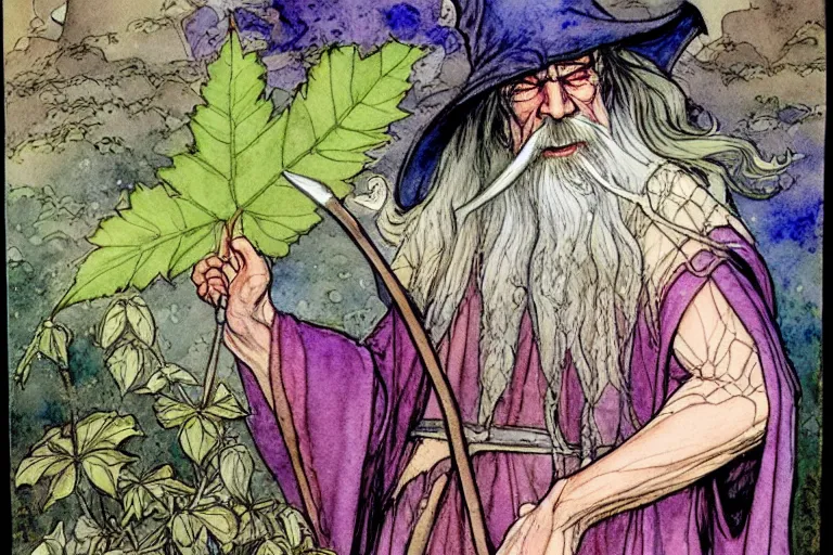 Prompt: a realistic and atmospheric watercolour fantasy character concept art portrait of gandalf with pink eyes lying on his back looking happy and confused with a pot leaf nearby, by rebecca guay, michael kaluta, charles vess and jean moebius giraud