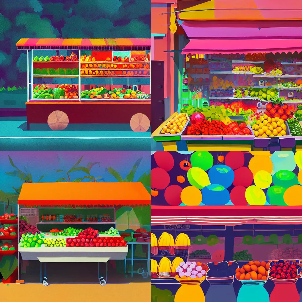 Prompt: A colorful fruit stall, by James Gilleard