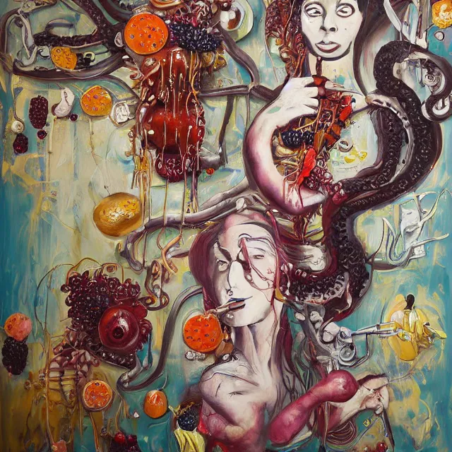 Image similar to a portrait in an elevator, a woman holding pancakes, honey dripping, berries dripping, scientific instruments, ikebana, octopus, neo - expressionism, surrealism, acrylic and spray paint and oilstick on canvas