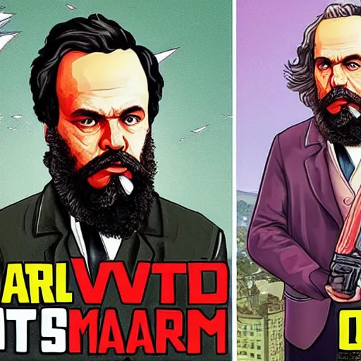 Prompt: Karl Marx in GTA V, Cover art by Stephen Bliss, boxart, loading screen