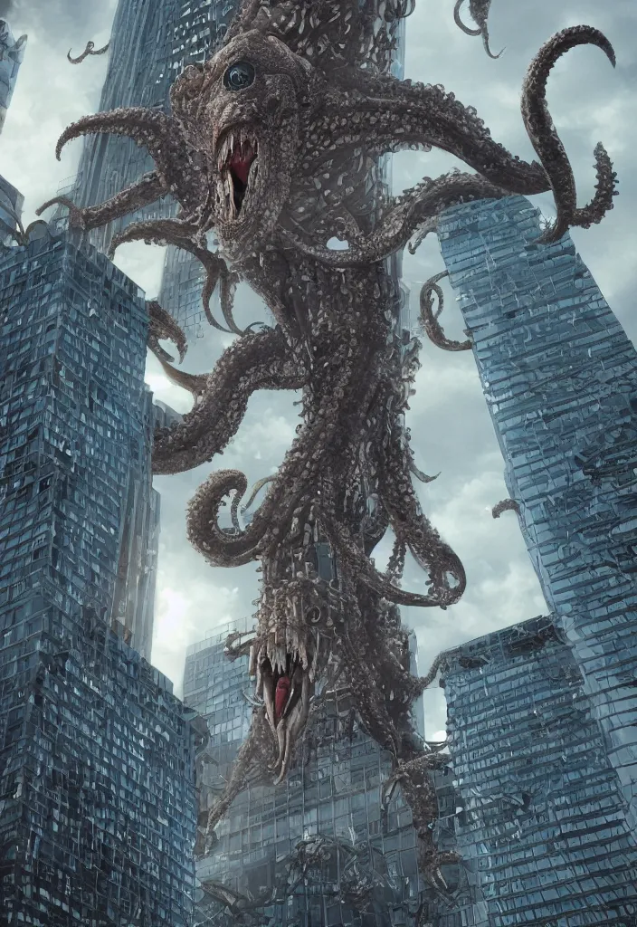 Image similar to A giant Kraken-like multi-eyed monster jumped up with its jaws on a high-rise office building and is eating it, extremely high detail, ultra realistic, photorealism, 8k