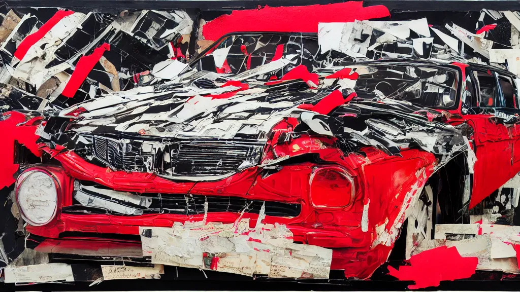 Image similar to lowrider crash test, collage paper and tape, black and red oil, acrylic on canvas, hyperrealism mixed with expressionism, high resolution, cinematic, unreal 6 breathtaking detailed, by blake neubert, by matt sesow