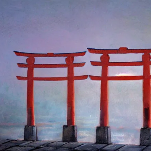 Image similar to a japanese landscape filled with torii arches, dawn, by enki bilal