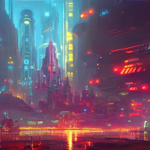 Image similar to a Stunning oil painting of A Great cyberpunk city on the sea by Paul Lehr,concept art,Retro colour,hyper detailed,8K Resolution