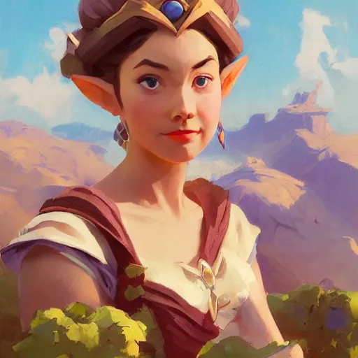 Image similar to greg manchess portrait of zelda as disney character, matte painting, bold shapes, hard edges, by huang guangjian, gil elvgren, sachin teng. in a beautiful landscape full of emotions, cgsociety masterpiece, artstation trending, by rossdraws, ghibli, kimi no na wa, greg rutkowski, simon stalberg, greg manchess