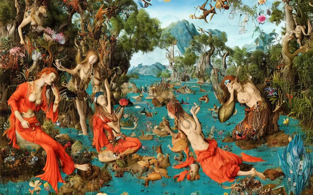 Image similar to a portrait photograph of a meditating mermaid shaman and a centaur monk feeding tropical animals at a wide river delta. surrounded by bulbous flowers, animals, trees and mushrooms. mountain range under a vast blue sky of burning stars. painted by jan van eyck, max ernst, ernst haeckel and artgerm, cgsociety, artstation, fashion editorial