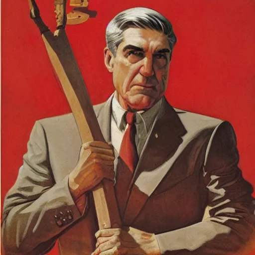 Image similar to soviet propaganda of robert mueller holding a hammer and sickle in realistic collective farm, by j. c. leyendecker, bosch, and beksinski