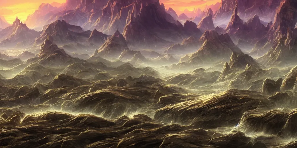 Image similar to The eldritch landscape with mountains in the background and great river down the middle, Sci-Fi fantasy desktop wallpaper, painted, 4k, high detail, sharp focus