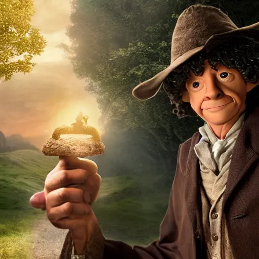 Image similar to barrack obama as bilbo baggins in the shire in the lord of the rings, ultra realistic, cinematic lighting, 3 d