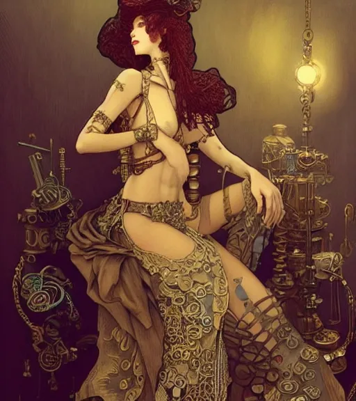 Image similar to woman model, intricate steampunk, clothes in a bedroom!!!!!!!!!!!!!!!!!!!!, vaporwave, intricate clothes, elegant, highly detailed, digital painting, artstation, concept art, smooth, sharp focus, illustration, art by krenz cushart and artem demura and alphonse mucha