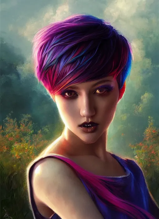 Image similar to girl with rainbow hair, pixie haircut, beautiful highly detailed face, complementary lighting, backlit, black eyeshadow, lipstick, divine, dramatic lighting, landscape background, beautiful painting by artgerm and greg rutkowski and raymond swanland