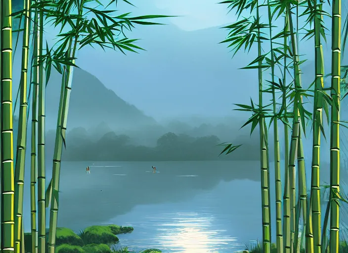 Image similar to misty japanese bamboo forest, lake foreground, large mountain background, sunny, cartoony, stylized anime, sun rays, soft, moody lighting, by hayao miyazaki, ghibli studio, makoto shinkai, toei animation, studio trigger, trending on artstation, 4 k, hd