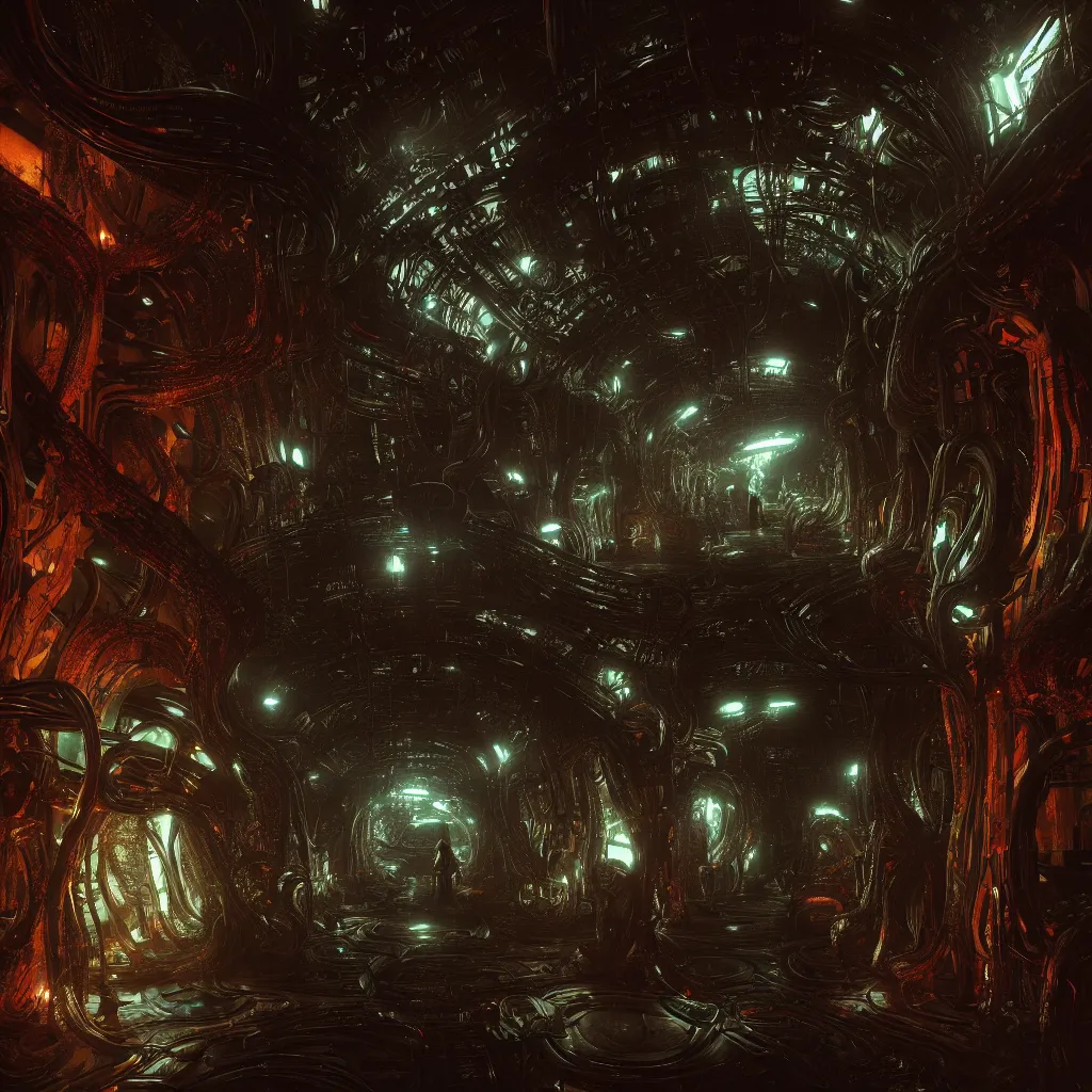 Image similar to Prometheus biological sci-fi corridor set in a nightmarish universe of odd forms and somber tapestry, humans exploring, HR Giger, vivid color scheme, featured in artstation, octane render, cinematic, elegant, intricate, 8k