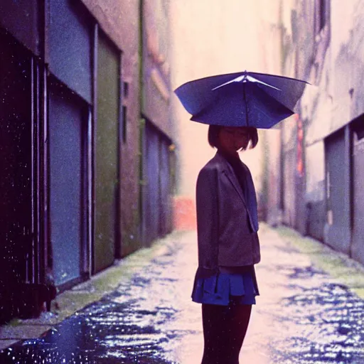 Image similar to 1990s perfect 8K HD professional cinematic photo of close-up japanese schoolgirl posing in sci-fi dystopian alleyway at morning during rain, at instagram, Behance, Adobe Lightroom, with instagram filters, depth of field, taken with polaroid kodak portra