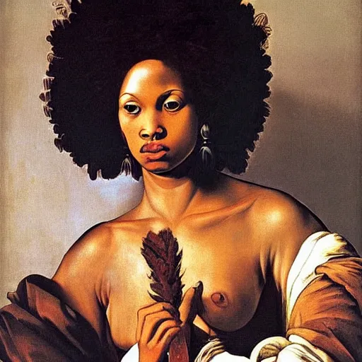 Prompt: afro woman painted by caravaggio