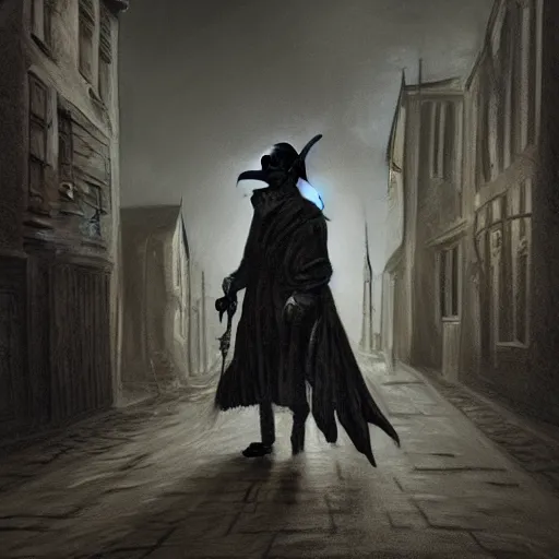 Image similar to a plague doctor walks through a Victorian city, dark atmosphere, detailed, dark Colors