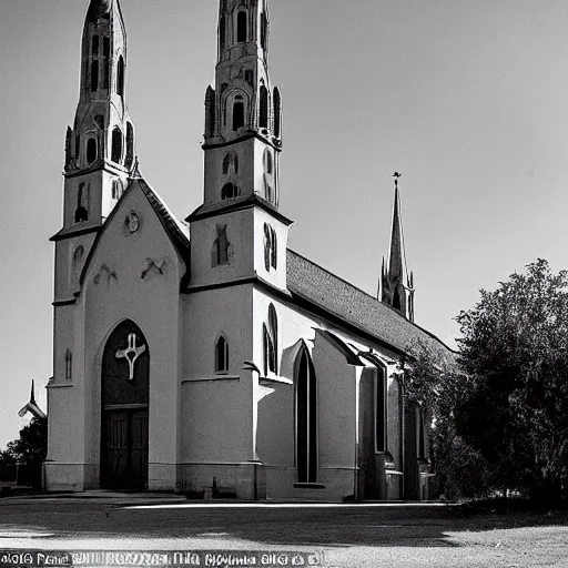 Prompt: a photograph of a church which has two spires sticking out of the tower at 45 degree angles