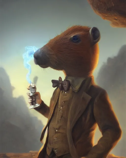 Image similar to oil painting of anthropomorphized capybara holding a smoking pipe, detective clothes, close shot, full body, dark steampunk mine shaft background, sharp focus, fantasy style, octane render, volumetric lighting, 8k high definition, by greg rutkowski, highly detailed, trending on art Station, dungeons and dragons artwork, centered