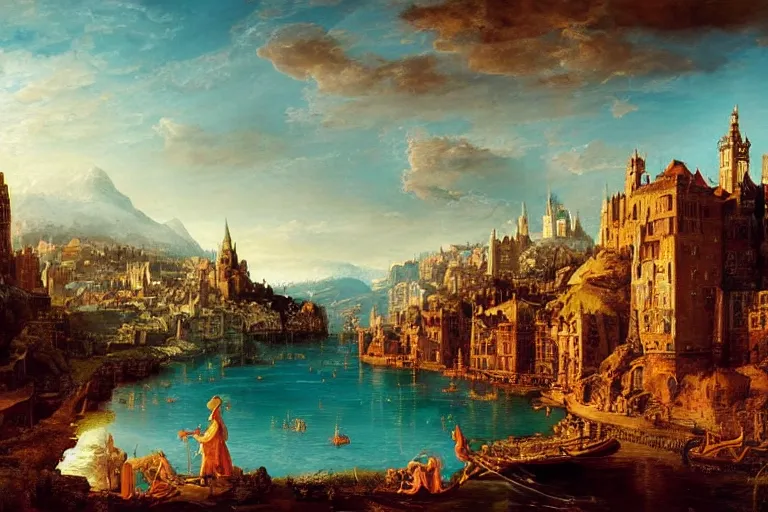 Image similar to beautiful city landscape mythology, fantasy, landscape background, vivid colors, digital painting, very detailed, realistic, high quality, by claude lorrain