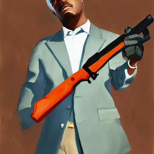 Prompt: a beautiful complex painting of cj from gta san holding a weapon