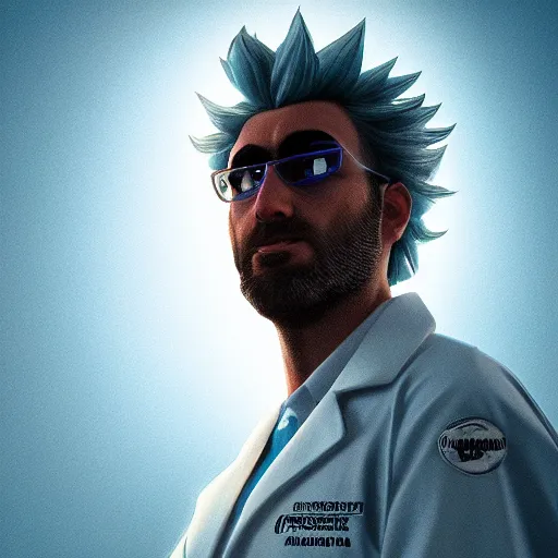 Prompt: portrait art of rick sanchez, lab coat, unibrow, 8 k ultra realistic, lens flare, atmosphere, glow, detailed, intricate, full of colour, cinematic lighting, trending on artstation, 4 k, hyperrealistic, focused, extreme details, unreal engine 5, cinematic, masterpiece