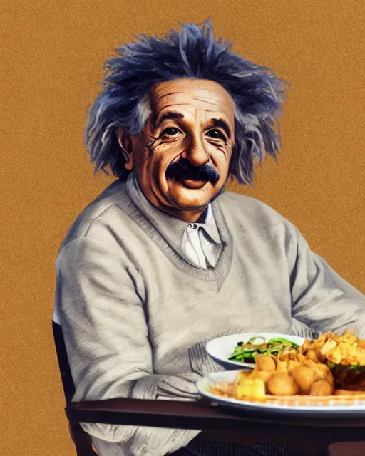 Prompt: a portrait of albert einstein sitting at the dining table with a plate containing panipuri in front of him, highly detailed, trending on artstation, bokeh, 9 0 mm, f / 1. 4