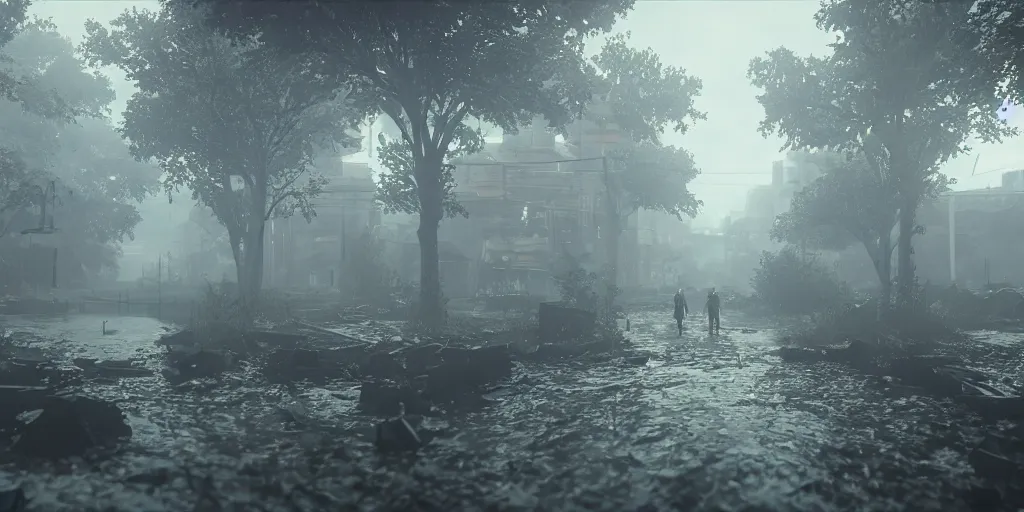 Prompt: nier automata yorha type 2 b walking in post apocalyptic flooded city, city ruins rainy melancholy day, lots of trees, dense vegetation, unreal engine, cryengine, epic engine, volumetric lighting, ray tracing, rtx on, exposure, god rays, overcast, ambient lighting, blooming flowers, 3 d render, cinematic, subtle, moderate saturation