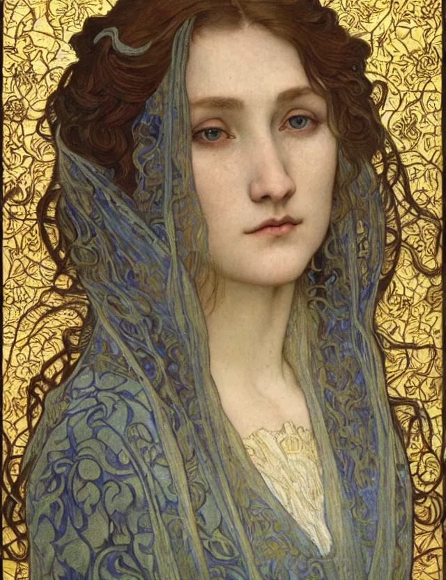 Image similar to detailed realistic beautiful young medieval queen face portrait by jean delville, alphonse mucha, vincent van gogh, and marco mazzoni, art nouveau, symbolist, visionary, gothic, pre - raphaelite
