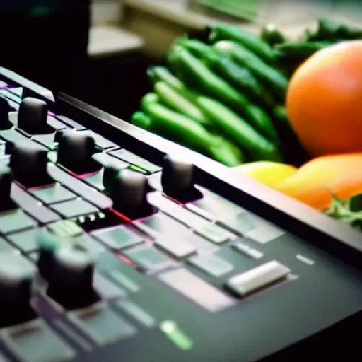 Image similar to film still of fresh produce making beats on an mpc