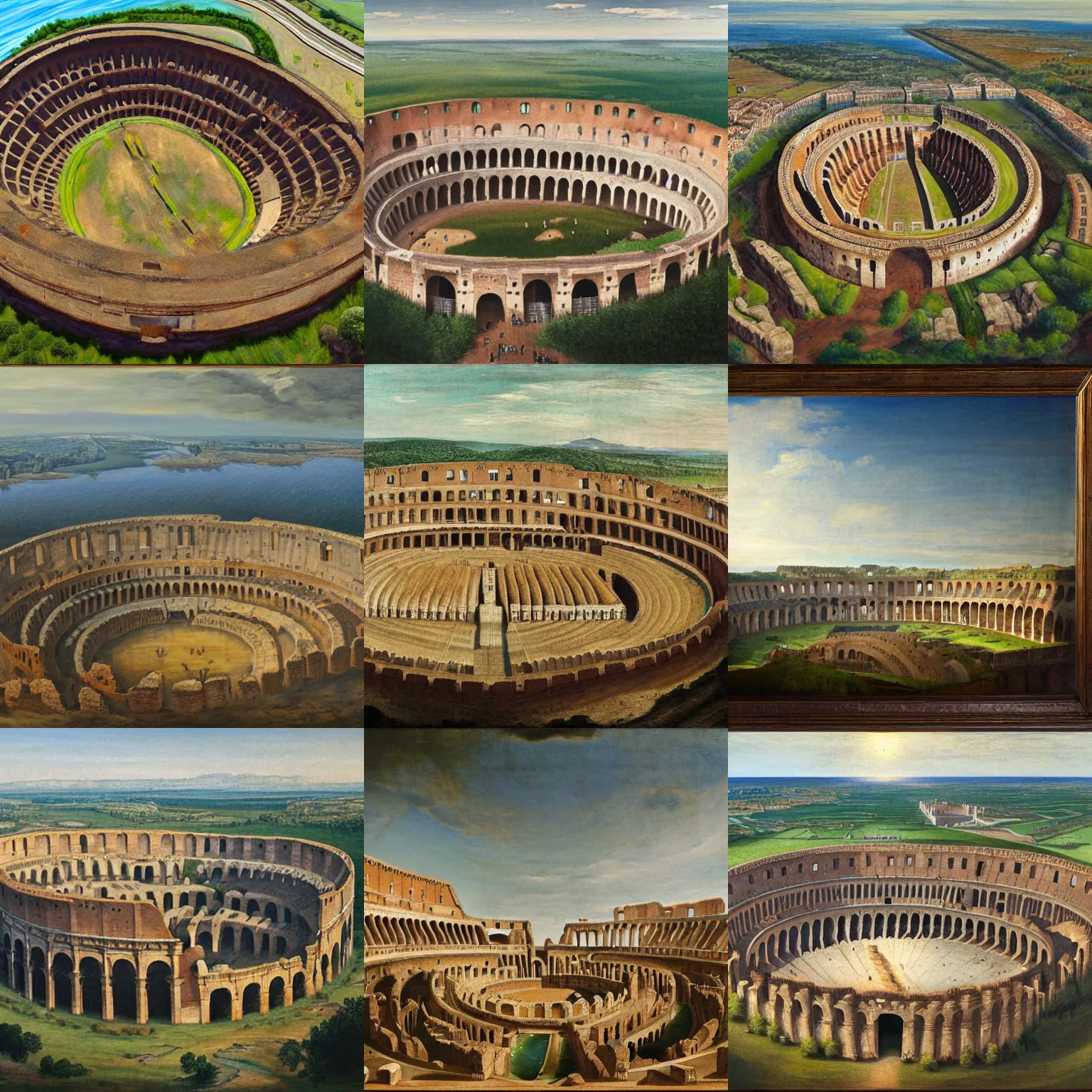Prompt: a colosseum like arena with it's central part surrounded by a ditch with water, view from the sky, detailed painting, 8 k,