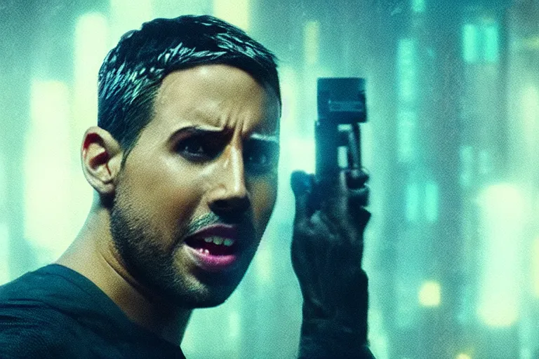 Image similar to a large digital hologram of a screaming face suspended in the air, photography by fred palacio medium full shot still from bladerunner 2 0 4 9, sci fi, bladerunner, canon eos r 3, f / 3, iso 2 0 0, 1 / 1 6 0 s, 8 k, raw, unedited