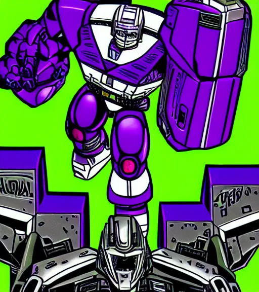 Image similar to armada megatron by akira toriyama, high quality, purple and green