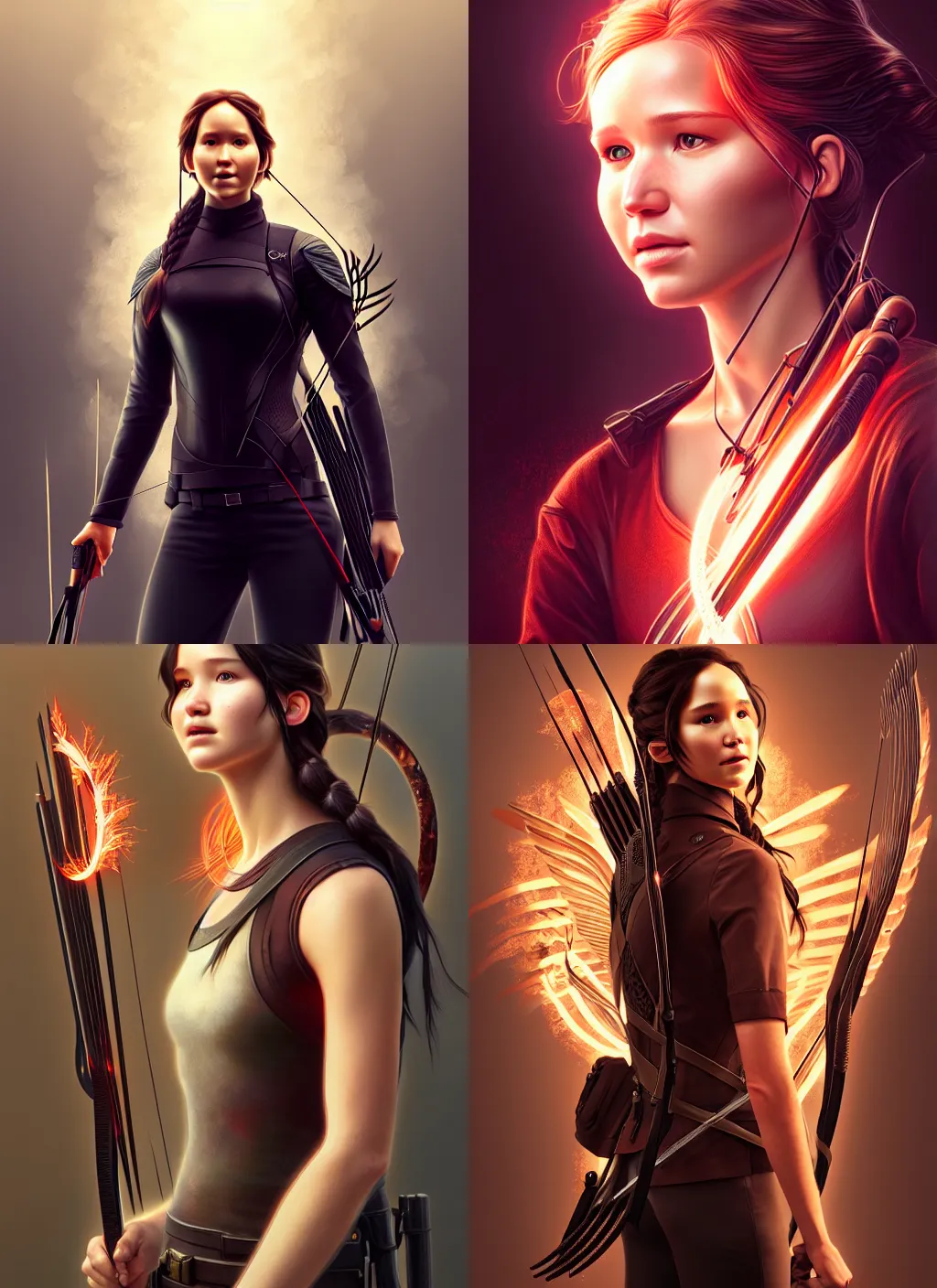 Prompt: katniss everdeen, path traced, octane render, highly detailed, high quality, digital portrait by artgerm, hd, alphonse mucha, tom bagshaw and alena aenami
