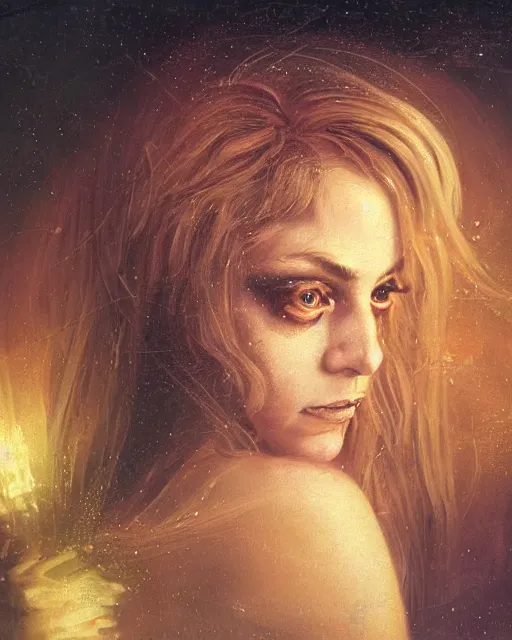 Prompt: a beautiful and eerie baroque painting of a gorgeous young woman in dead space, with wild blonde hair and haunted eyes, 1 9 7 0 s, seventies, space station, neon light showing injuries, delicate ex embellishments, painterly, offset printing technique, behind her something sinister is happening