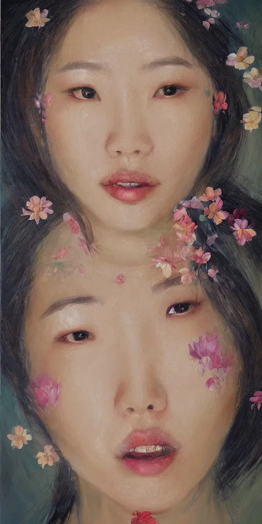 Image similar to beautiful highly detailed and expressive oil painting of a korean woman's face dissolving into petals, masterpiece, dynamic lighting,