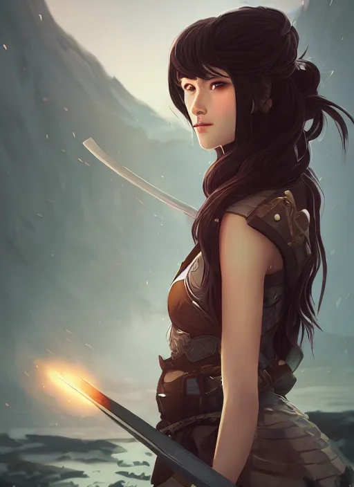 Image similar to a beautiful woman with long dark brown hair wearing armor, RPG portrait, japanese fantasy, feudal japan, by lois van baarle, Ilya Kuvshinov, WLOP, Rossdraws, ambient lighting, dynamic lighting