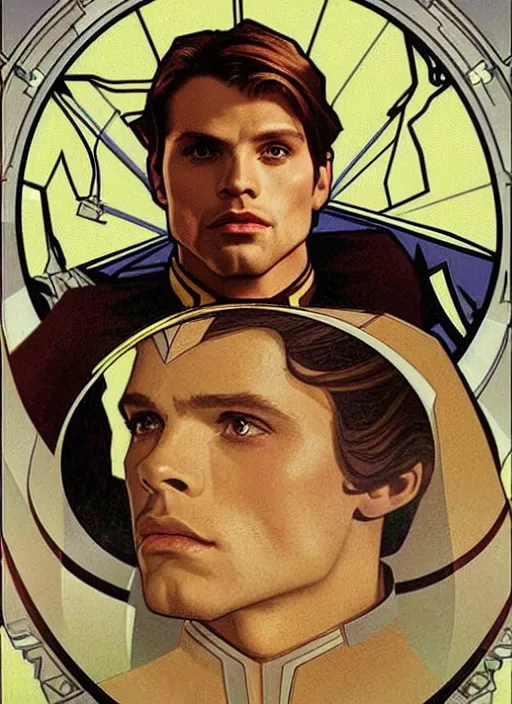 Image similar to sebastian stan as a star trek captain, a still from star trek painted by alphonse mucha. clear highly detailed face, beautiful sci fi art