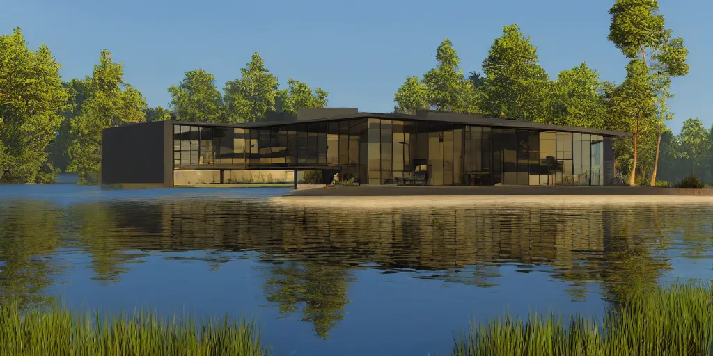 Prompt: modern house on a lake, reflections, sun, ultra realistic, epic lighting, unreal engine 5