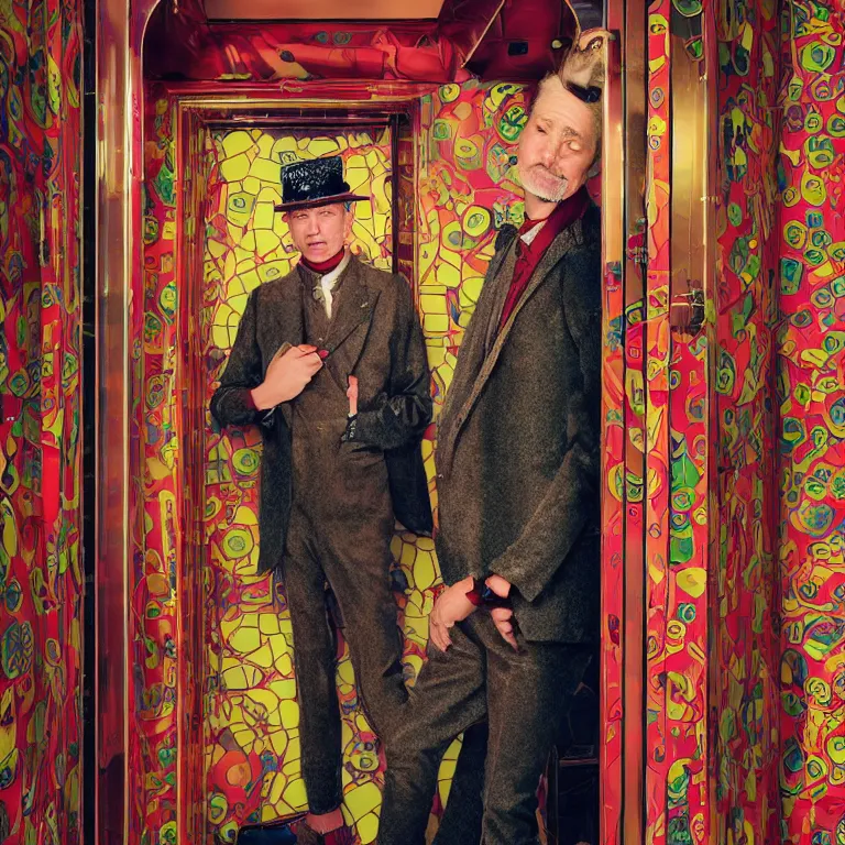 Image similar to vogue photoshoot octane render portrait by wayne barlow and carlo crivelli and glenn fabry, a handsome eccentric man in a bright colorful patterned pastel wes anderson elevator operator costume inside a dark and moody vintage elevator in a high - end exotic vintage boutique hotel, very short depth of field, bokeh