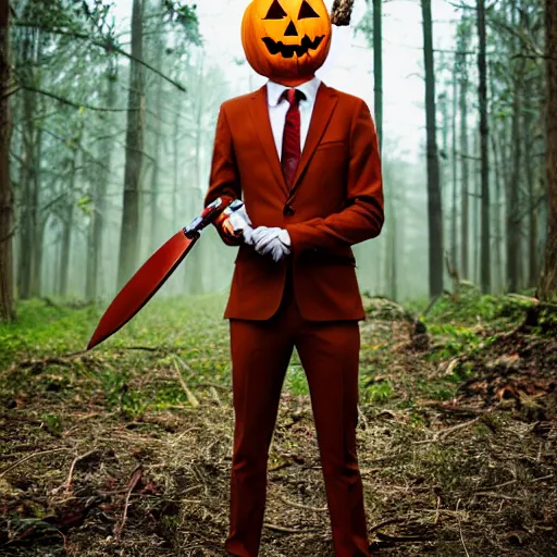 Prompt: man in strict suit with pumpkin mask, Halloween pumpkin, forest background, on plain, bloody knife in right hand, some blood on body, full body, extremely detailed, sharp focus, professional photographer, professional model