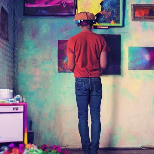 Image similar to kodak portra 4 0 0 photograph of a skinny guy wearing a hat standing in cluttered art studio, back view, flower crown, moody lighting, moody vibe, telephoto, 9 0 s vibe, blurry background, vaporwave colors, faded!,