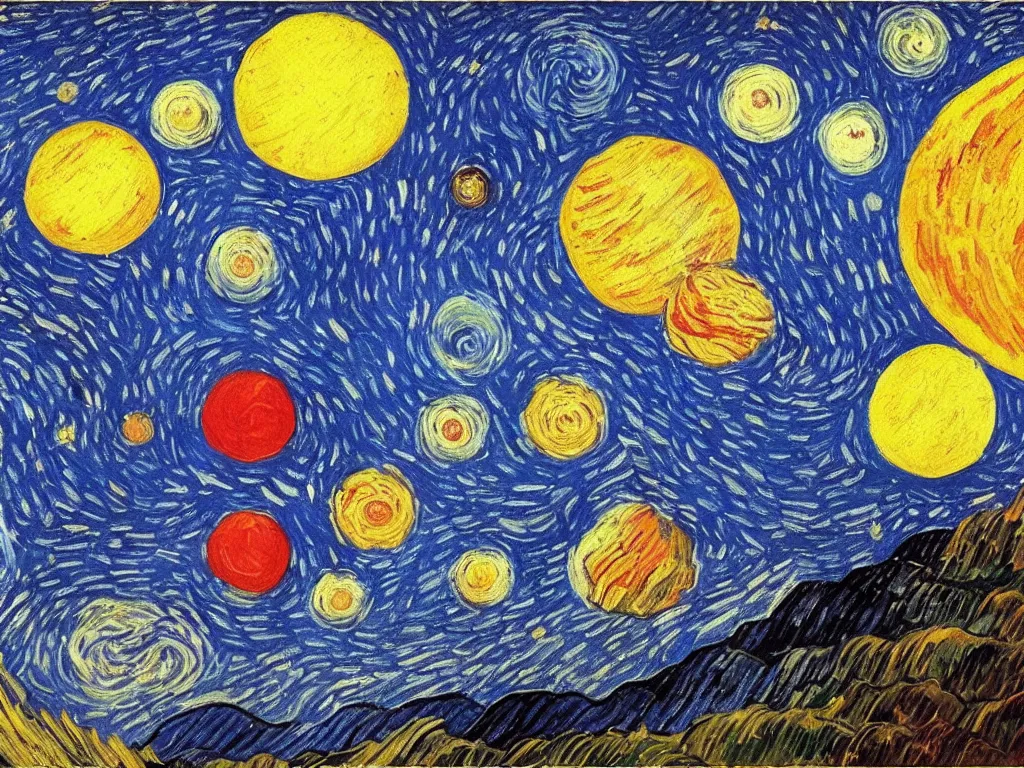 Prompt: A beautiful painting of a five planets by Gioele Muscolino and Van Gogh, There are only five planets that are black, white, yellow, red, and blue, behind the galaxy and the universe, Trending on artstation, starry sky