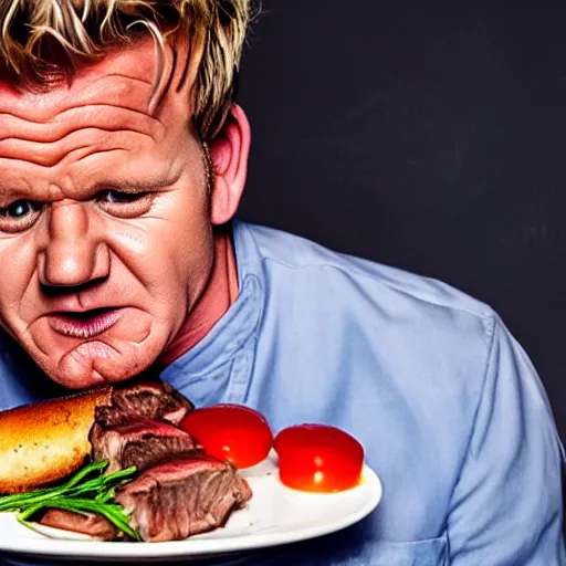 Image similar to a hyper realistic photograph of gordon ramsay crying over a plate of steak. dim red and blue lighting, strong shadows, award winning magazine photo