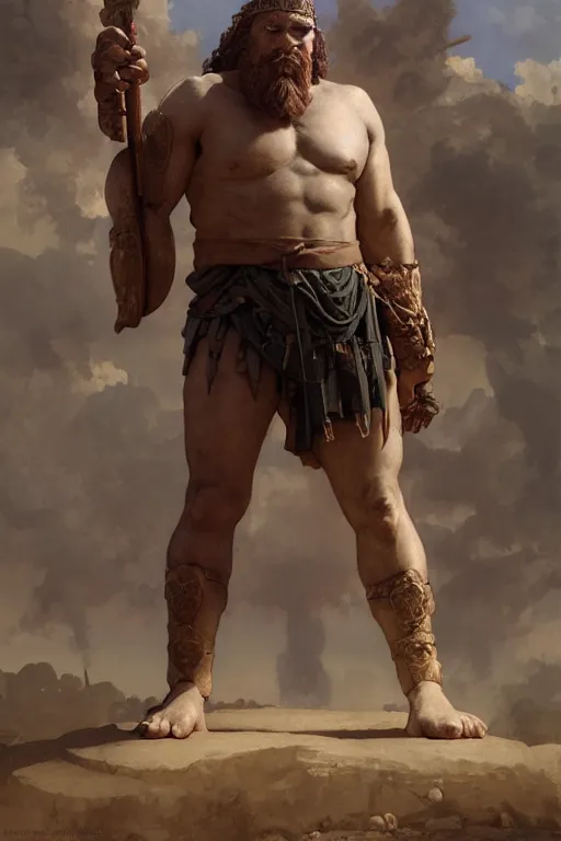 Image similar to ancient historically accurate depiction of the Bible Character Goliath of Gath, the Philistine warrior giant by frank miller, illustration by Ruan Jia and Mandy Jurgens and William-Adolphe Bouguereau, Artgerm, 4k, digital art, surreal, space dandy style, highly detailed, godsend, artstation, digital painting, concept art, smooth, sharp focus, illustration by Ruan Jia and Mandy Jurgens and William-Adolphe Bouguereau, Artgerm